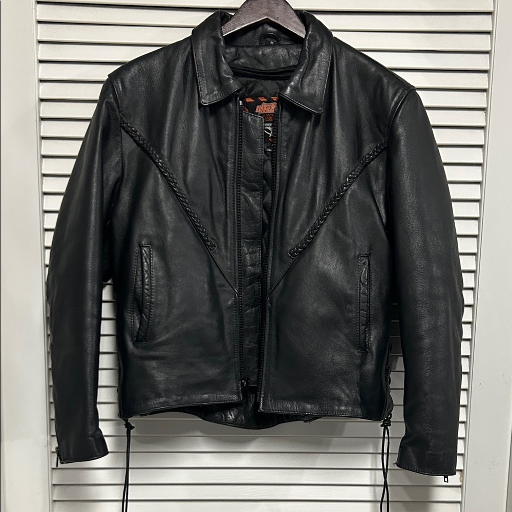 Interstate Leather brand Black Leather Motorcycle Jacket with Braiding Detail